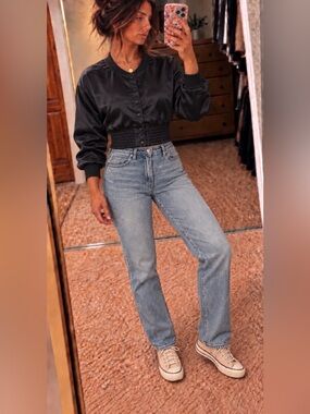superdown Black Satin Cropped Bomber Jacket Smocked Waist